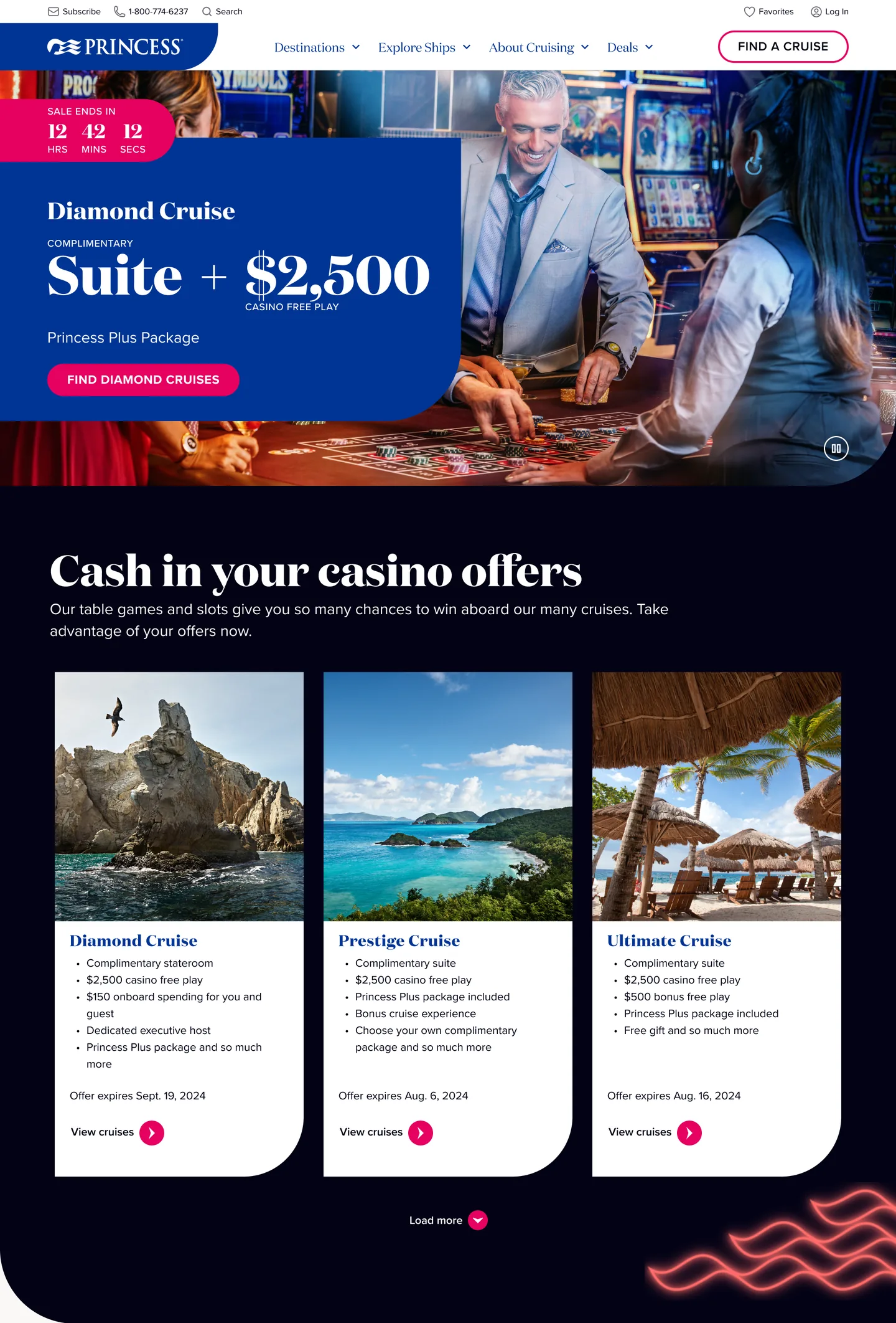 Casino landing page hero — Diamond Cruise complimentary suite offer with countdown timer over a casino interior photograph