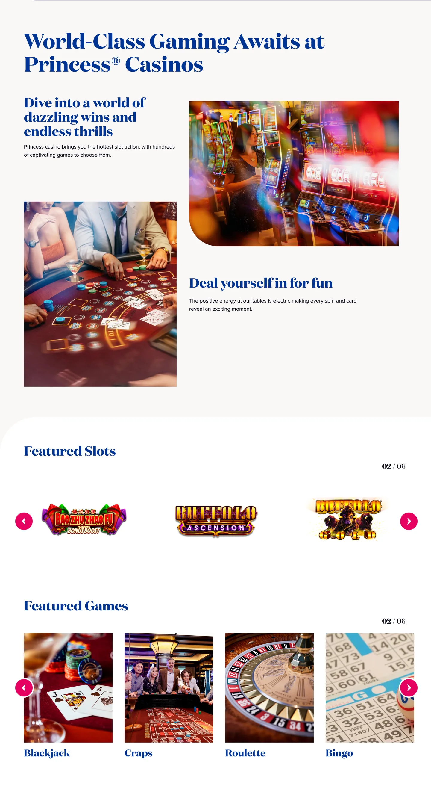 Casino offers section showing three cruise tier cards (Diamond, Prestige, Ultimate) followed by Featured Slots and Featured Games carousels