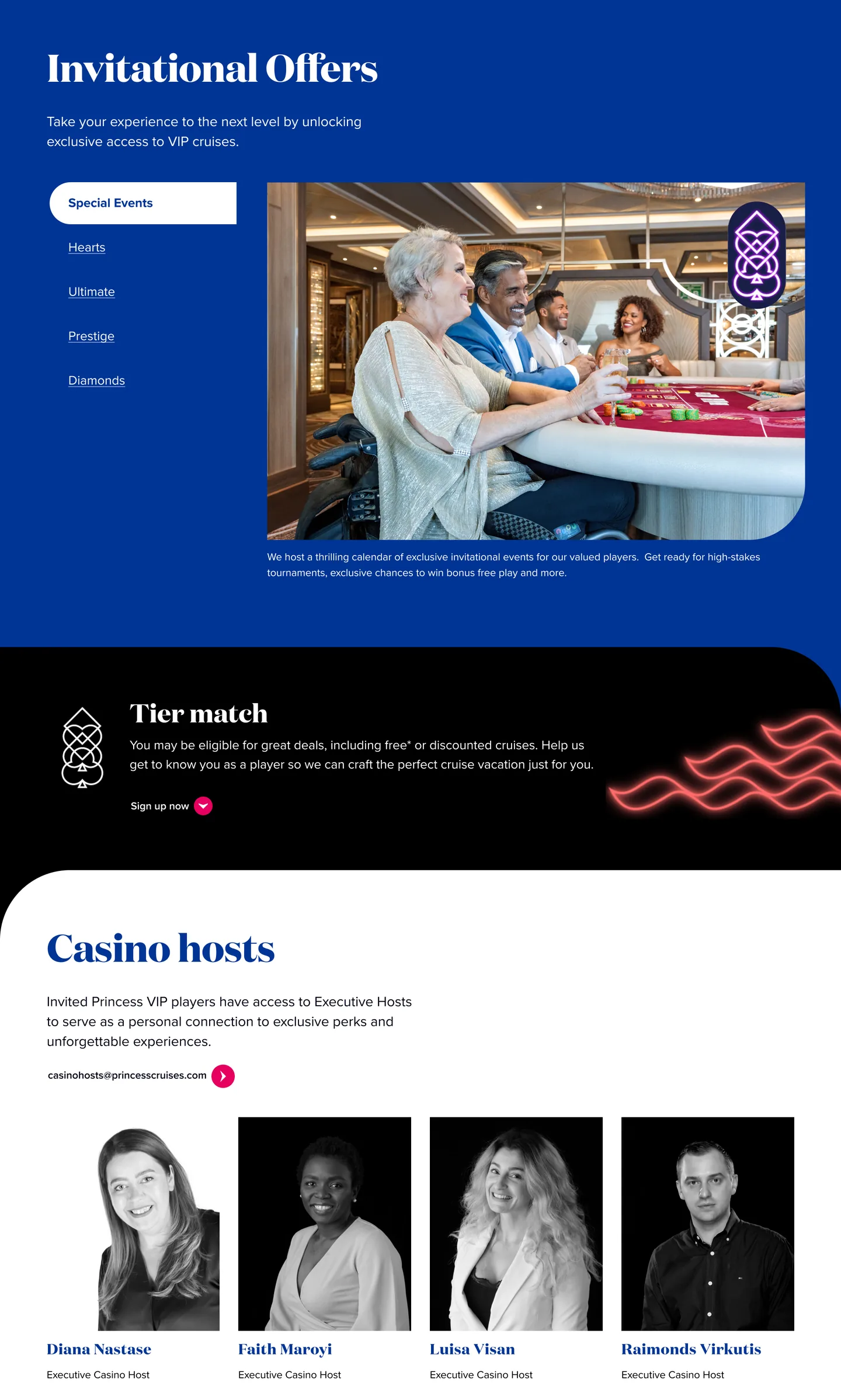 Invitational Offers VIP section, Tier match call-to-action, and Casino Hosts grid showing four Executive Casino Hosts