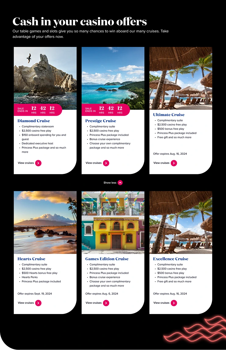 Offers hub — all available casino offers surfaced near the top of the page