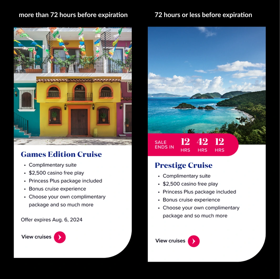 Casino offer card in countdown mode — timer overlapping the image on a Passion Pink background