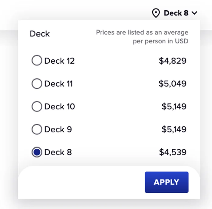 Before — segmented deck plan with dropdown deck selector